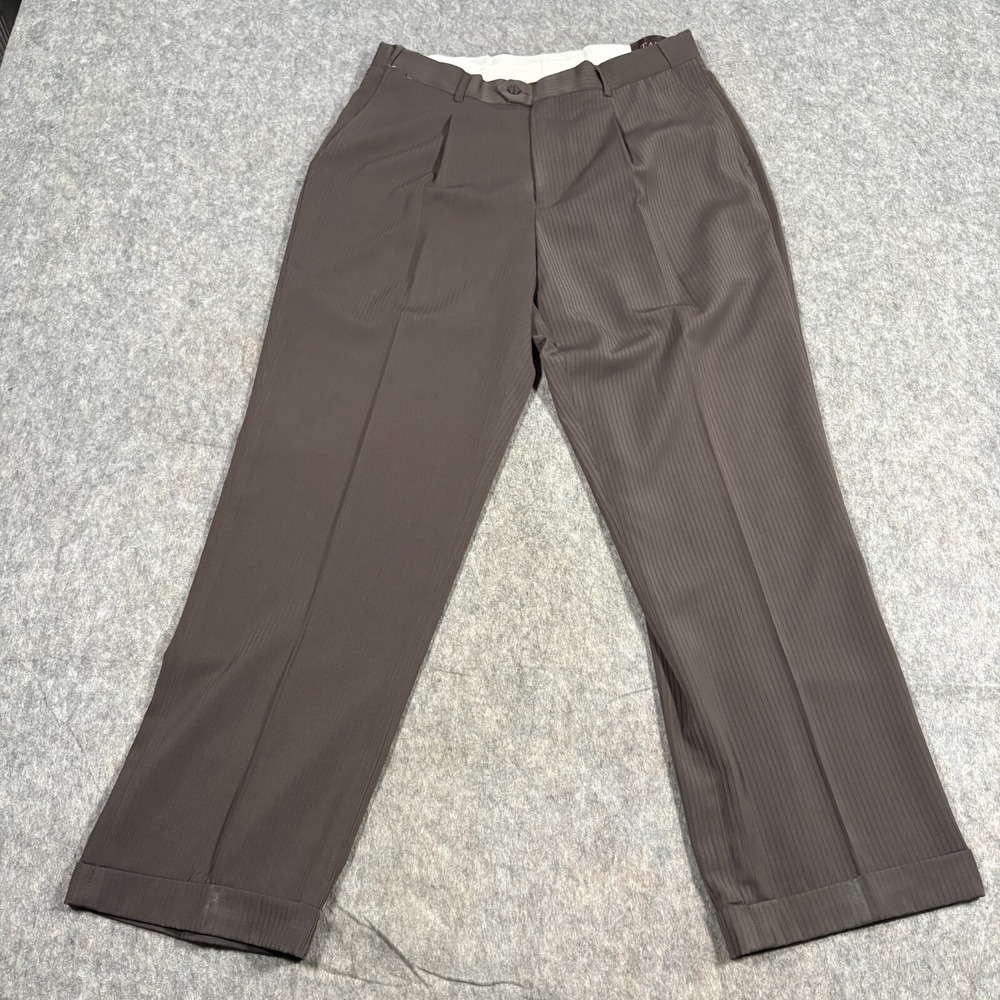 Tazio Men's Trouser Pants Size W36 Brown Textured Pinstripe Pleated Front Cuffed